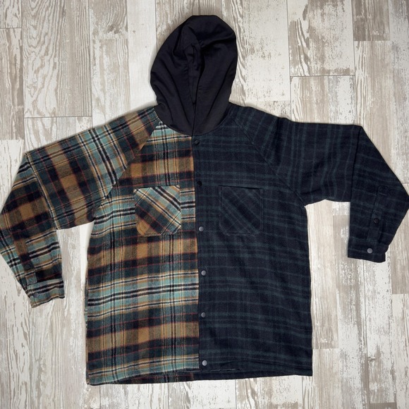 Represent Hooded Shacket Mens Large Black Green Tan Split Plaid Quilted Lined - Picture 7 of 12
